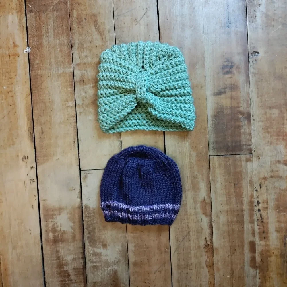 Hand Crafted toddler winter hats crocheted turban beanie purple green girls